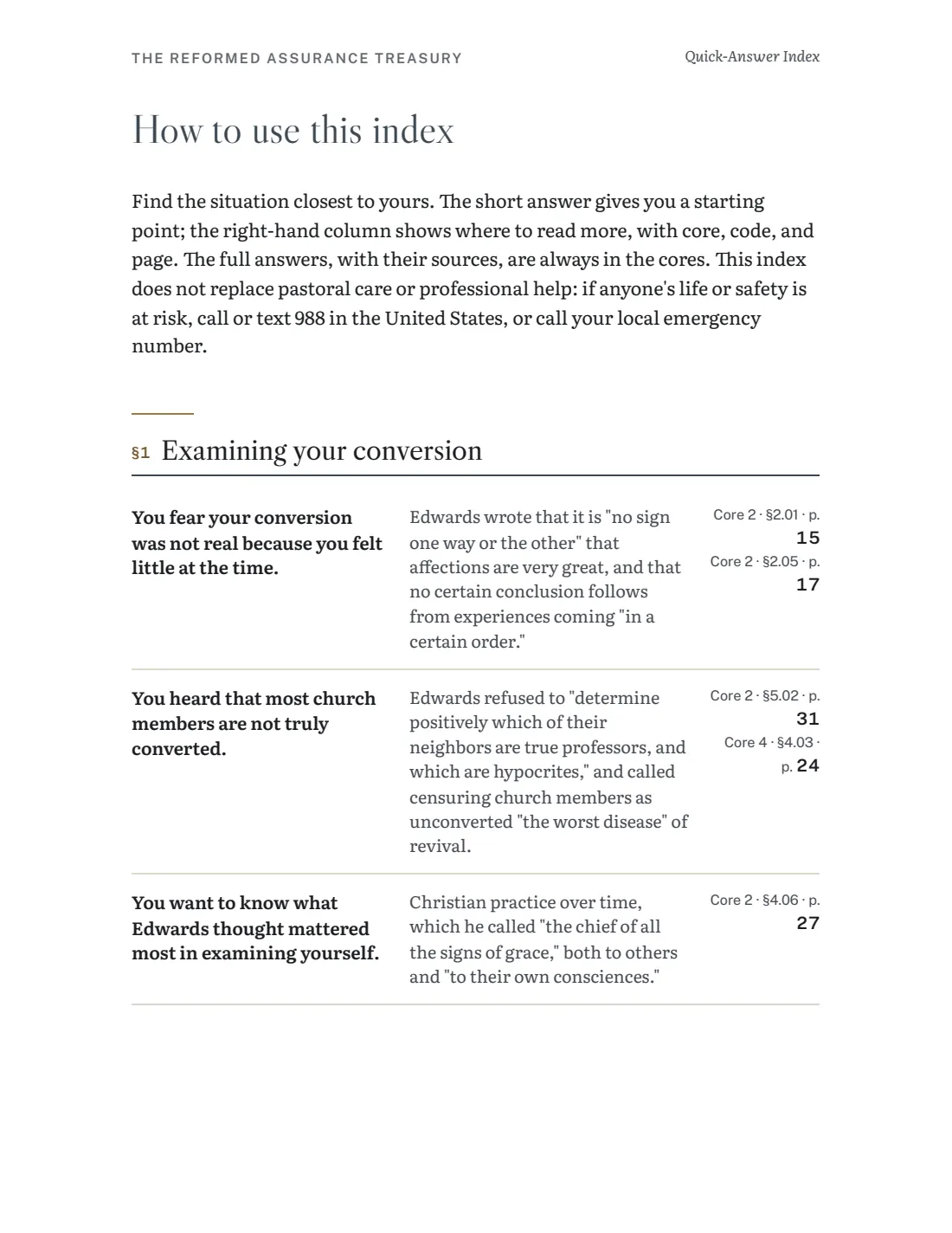 Page from the Quick-Answer Index with situations, answers, and pages